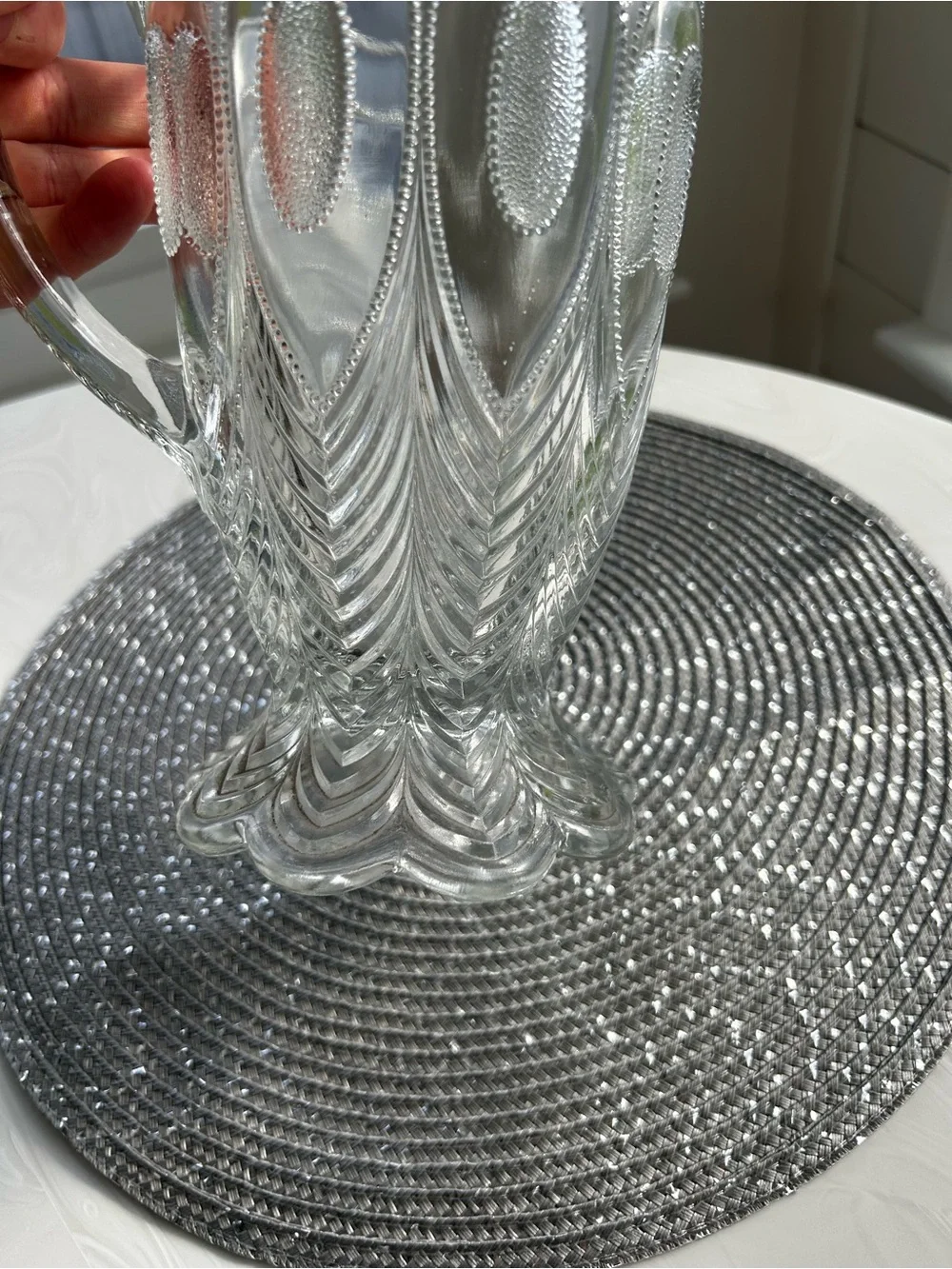 US Timeless Decor Glass EAPG Peacock Feather Pattern Clear Water Pitcher Vase